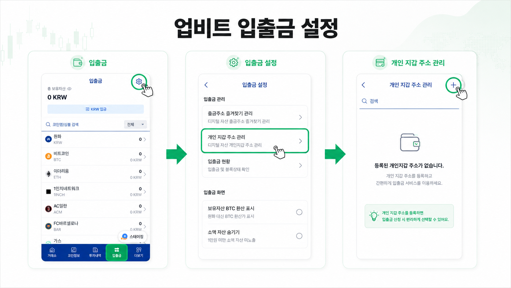 업비트 입출금 설정 → 개인 지갑 주소 관리