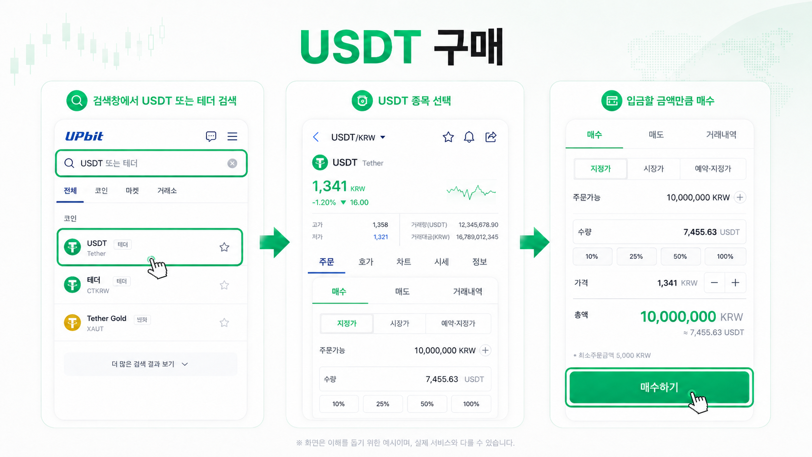 USDT 구매 — 검색 · 종목 선택 · 매수