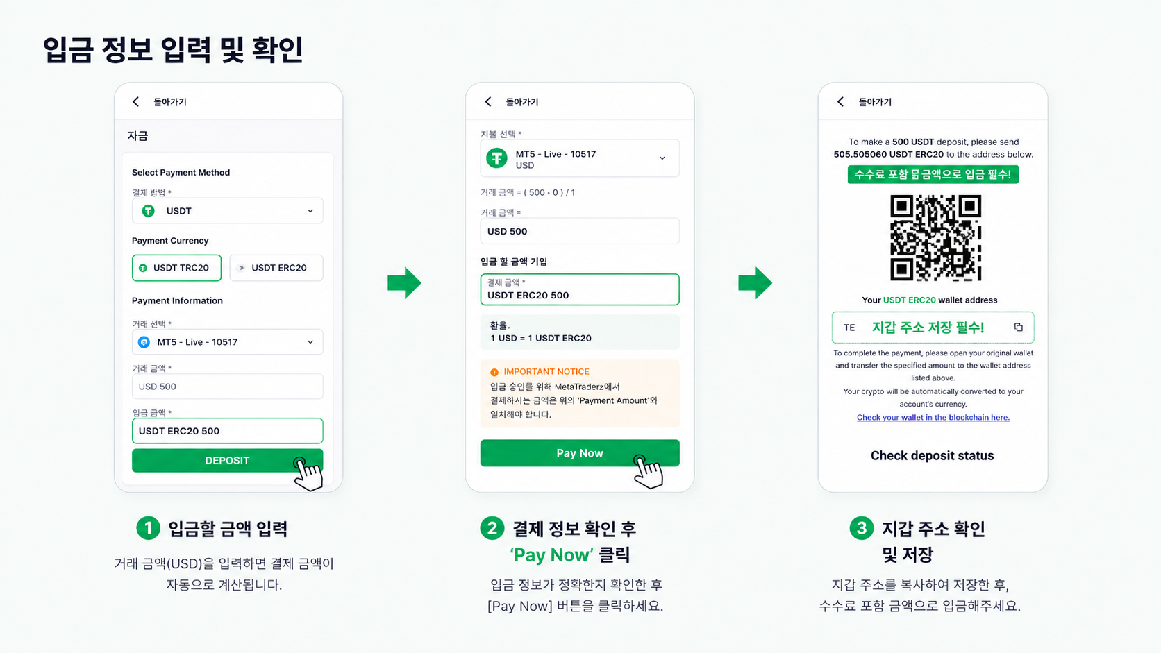 입금 정보 입력 및 확인 — Pay Now · 지갑 주소 저장