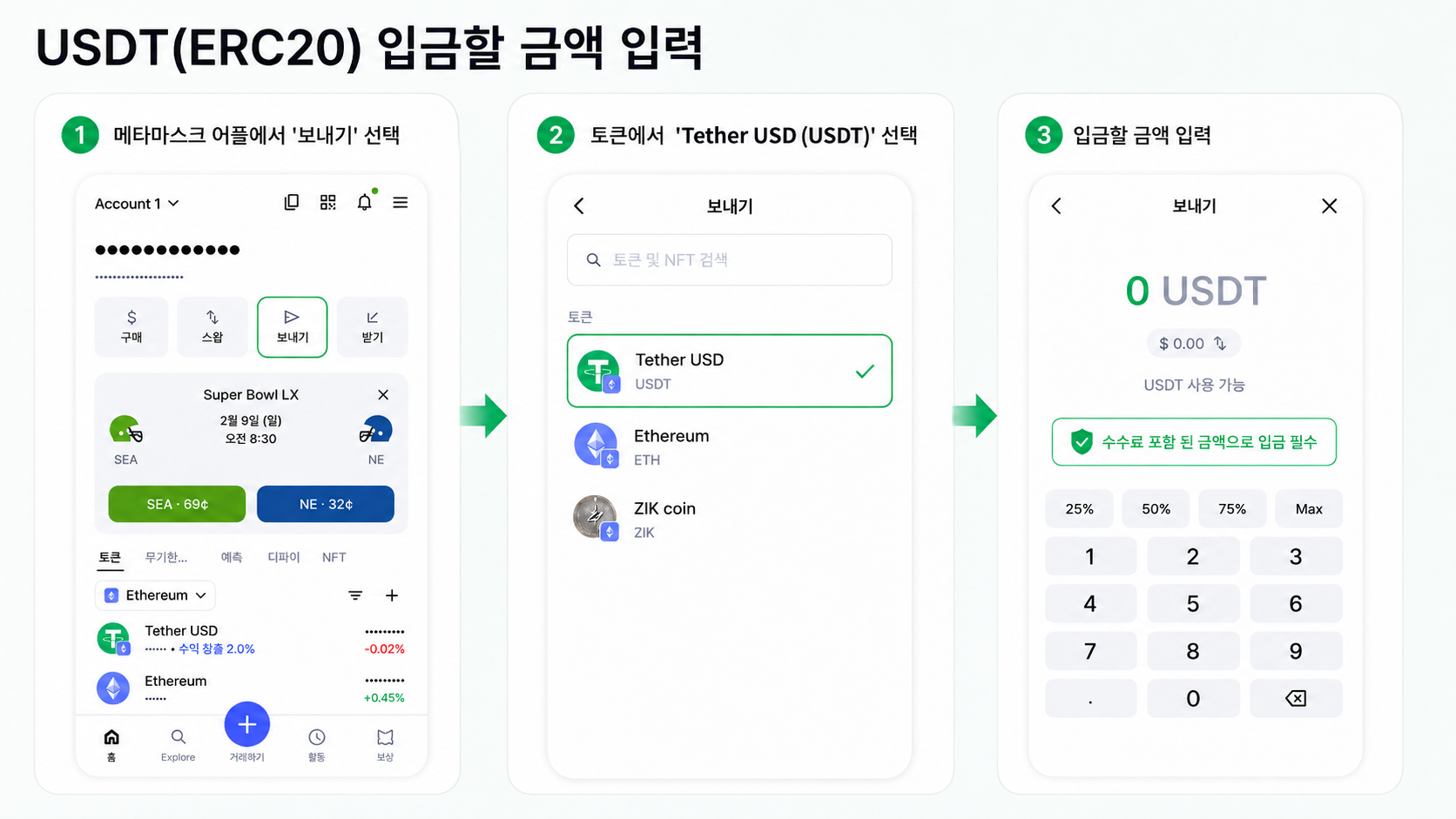 USDT(ERC20) 입금할 금액 입력 — 메타마스크 보내기 · 금액