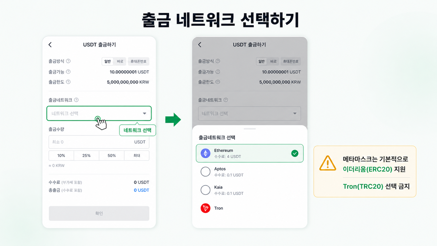 출금 네트워크 선택 — Ethereum(ERC20)